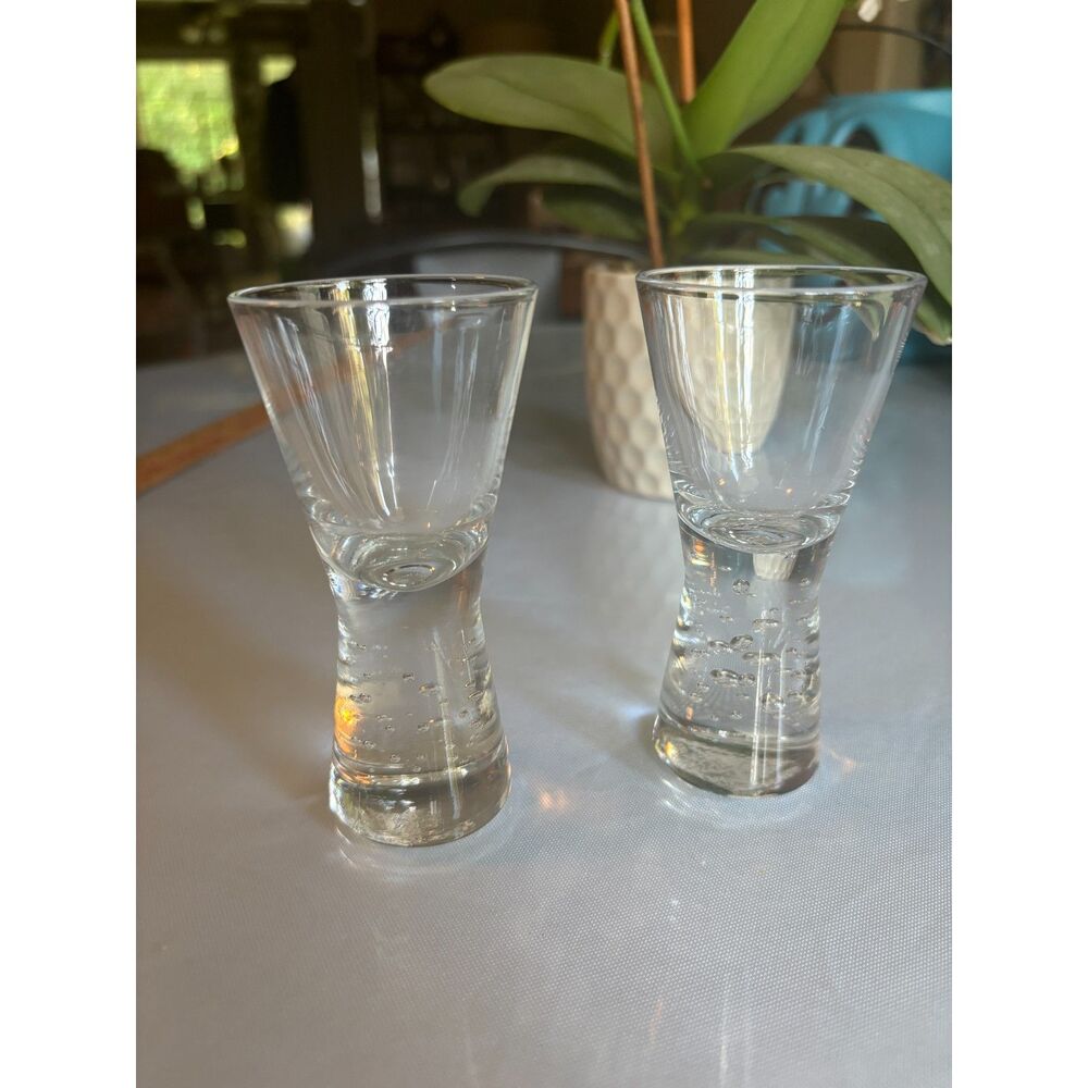 Set of 2 Pier One Cordial Mouth Blown Glass Bubble Base Shot Glasses